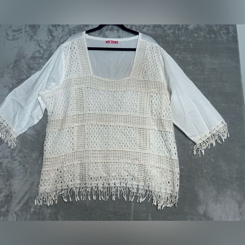 Pink Apple Crochet Sheer Beachy Blouse Top Women’s 3X White Cotton